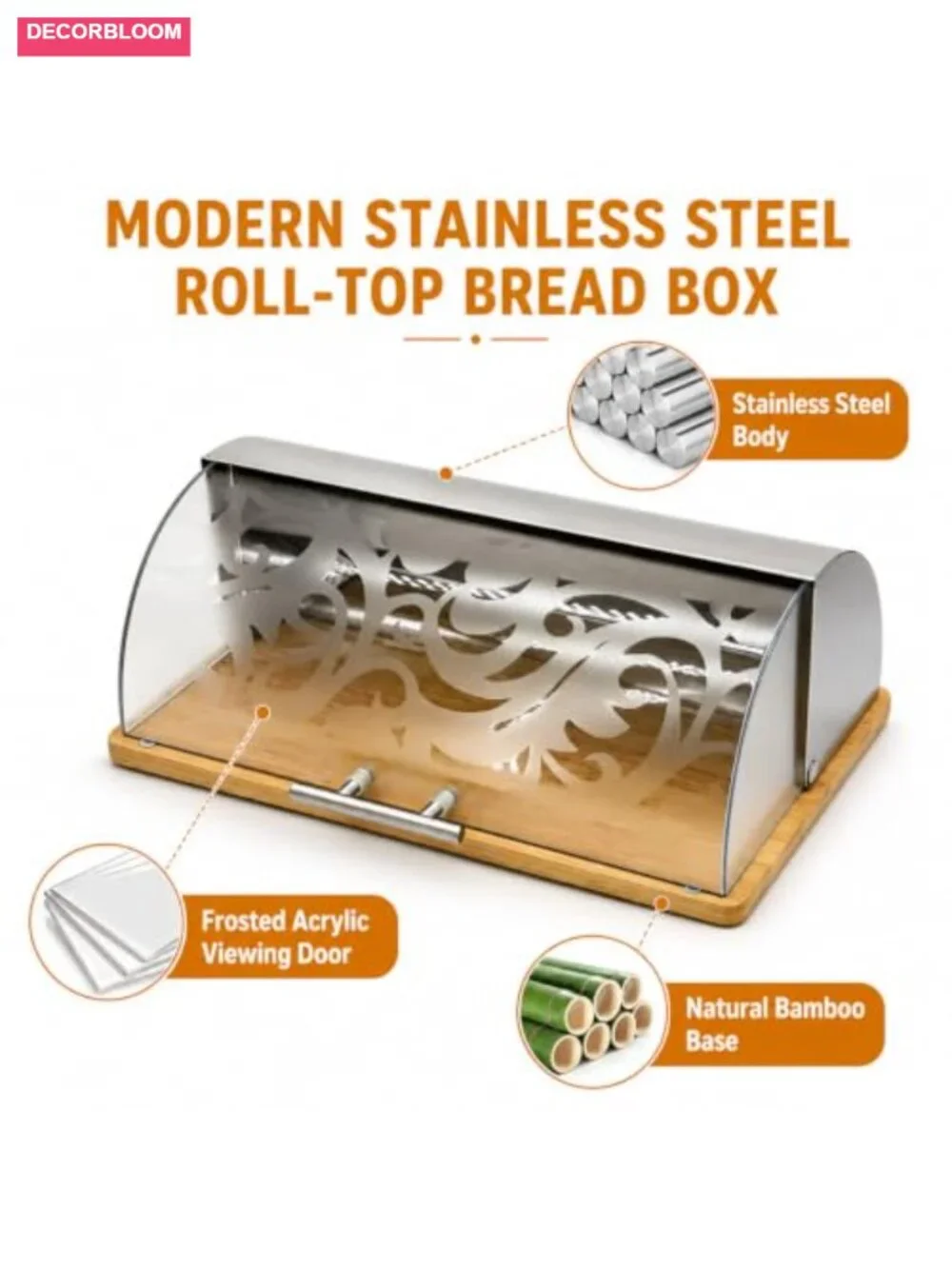 Modern Stainless Steel Roll-Top Bread Box with Bamboo Base, Acrylic Door